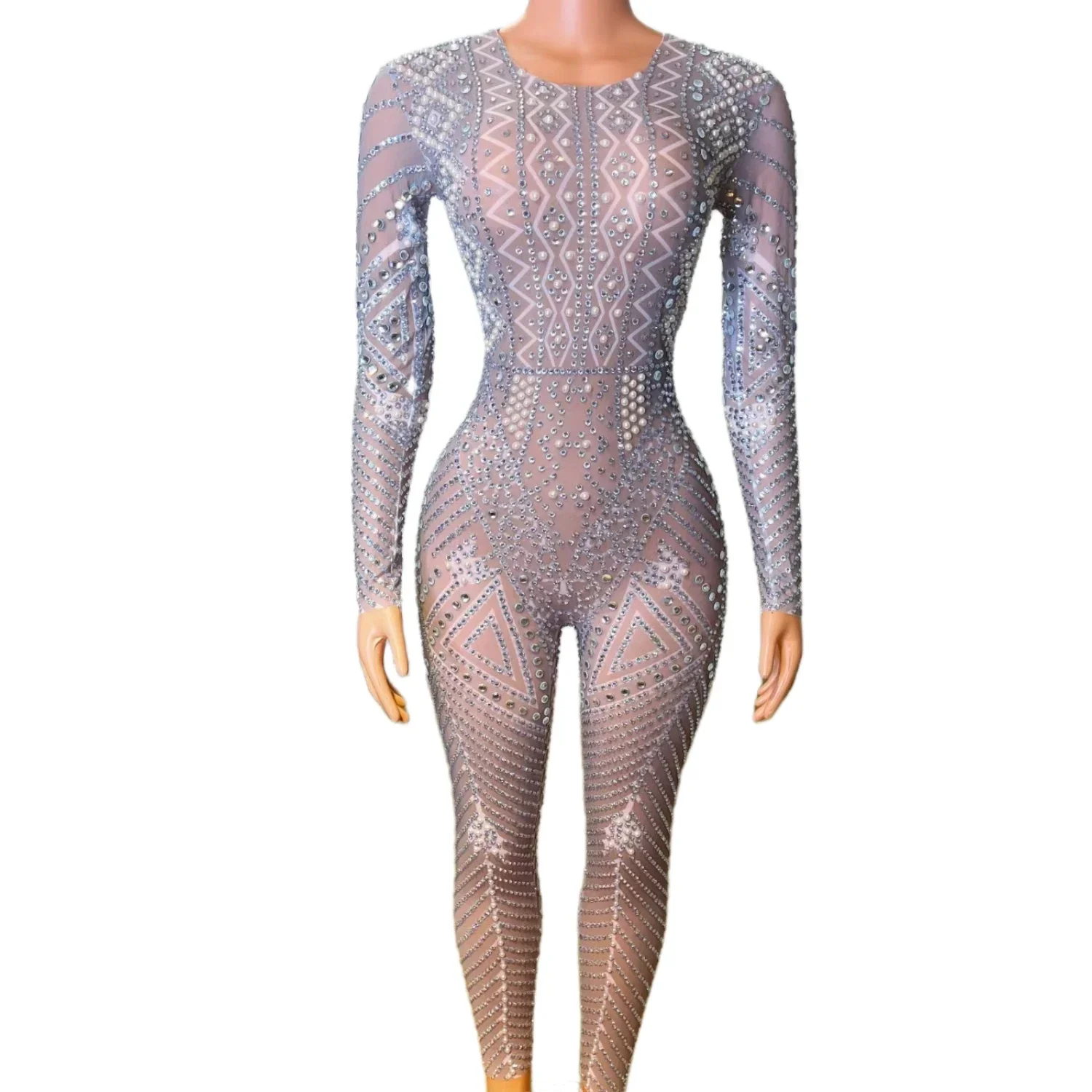 

Luxury Fashion Sequin Rhinestone Pearls Pole Dance Leotard Party Club Shiny Bodysuit Plus Size Women One Piece Bodycon Jumpsuits