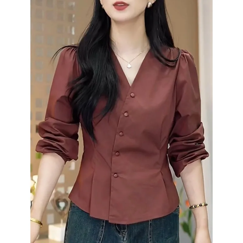 

Autumn Comfortable Fashionable and Casual Temperament Retro V-neck Long-sleeved Shirt Solid Color Waist-retracting Top
