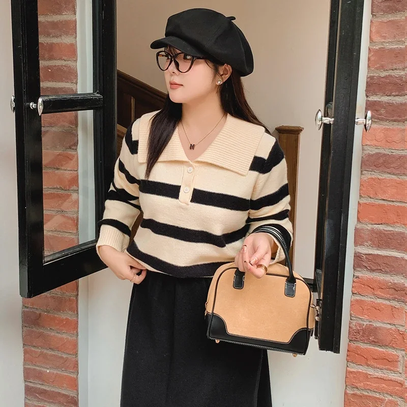 

Women's Sweater Loose Long Sleeved Lapel knitwear Top Striped Contrasting Pullover Sweater 2024 Autumn and Winter striped shirt