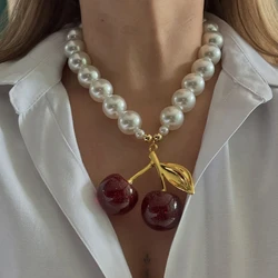 1PC White Copper Resin Cherry Pendant Beaded Pearl Necklace, Suitable for ladies everyday and party wear