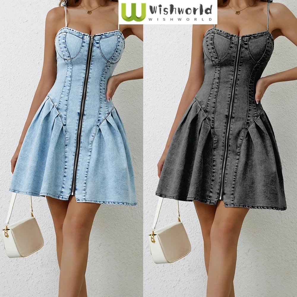 

Fashionable Casual Women's Dress Spring and Summer Personalized Street Splicing Suspender Denim Dress