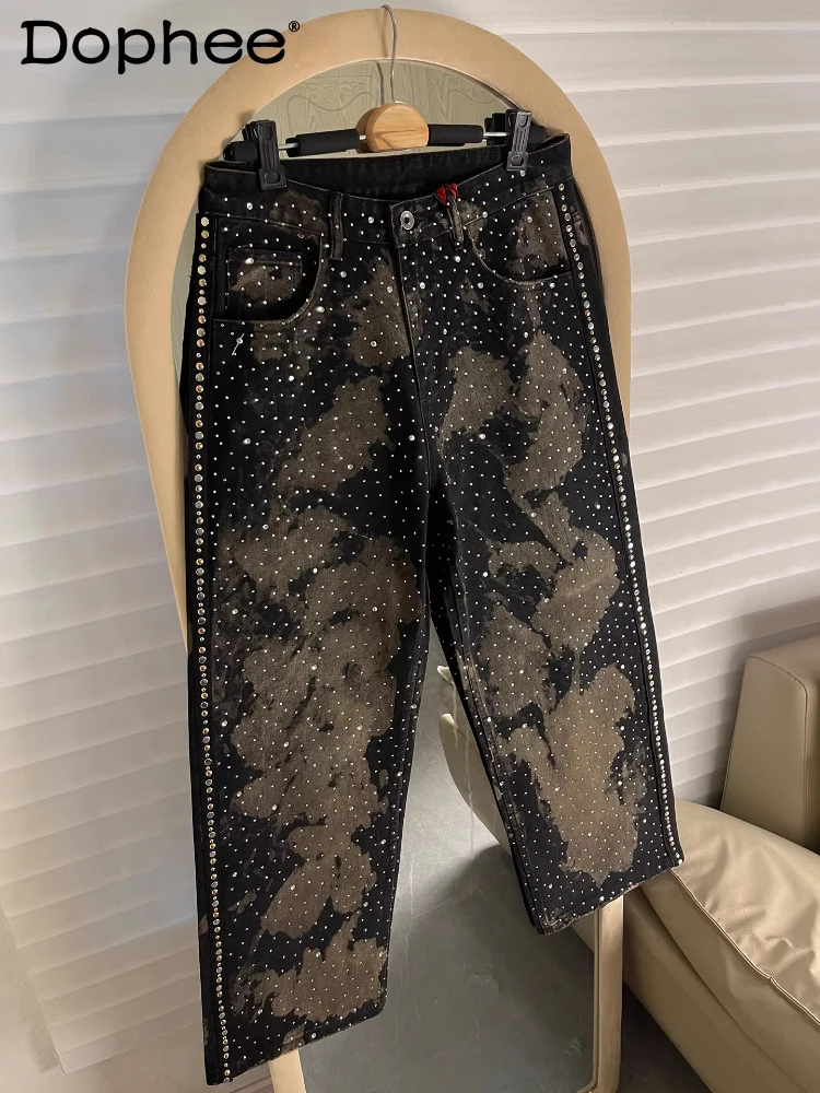 

Модные джинсы с заклепками и стразами для мужчин и женщин, весна-осень 2026, новые трендовые джинсовые брюки, шикарные свободные прямые джинсы с широкими штанинами