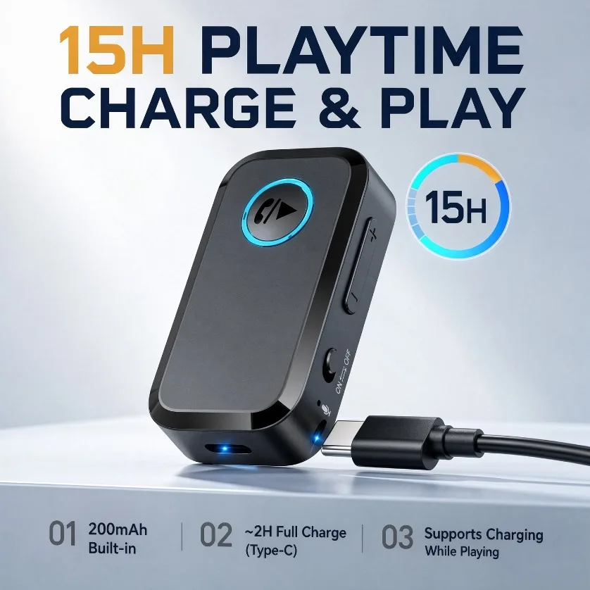 M68 Bluetooth 6.0 Audio-Empfänger 3,5mm AUX HiFi Wireless-Adapter mit eingebautem Mikrofon, 15 Stunden Akkulaufzeit für Auto, Heim-Stereoanlage, Lautsprecher, TV, PC
