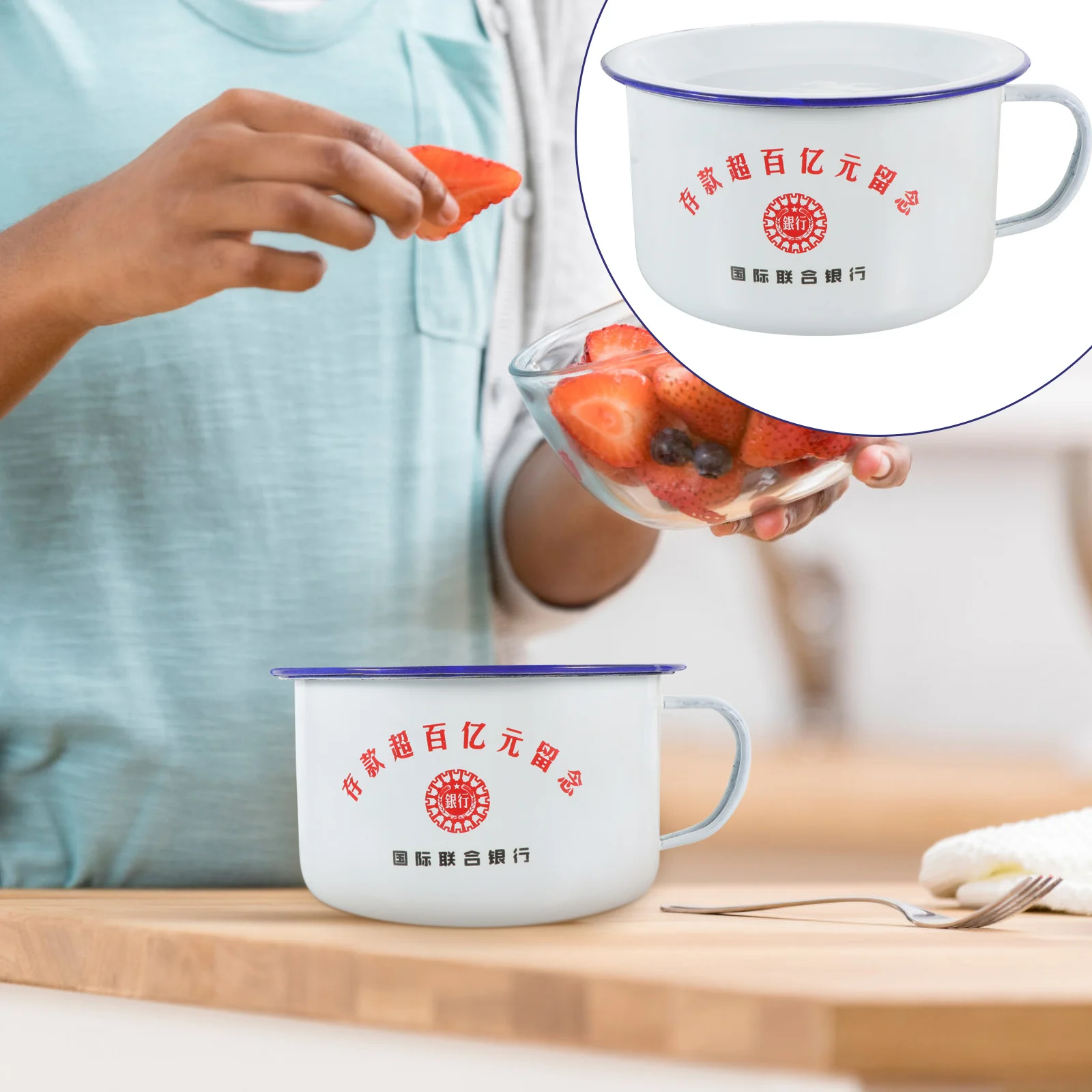 

1Set Enamel Bowl Retro Food Container Covered Lidded Kitchen Supplies Gift Choice Large Capacity Enamel Bowl Kitchen Supplies