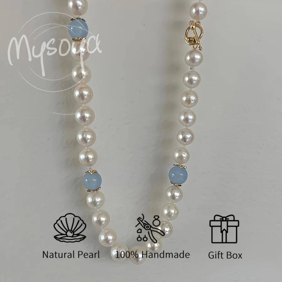 

MYSOYA Natural Freshwater Pearl Aquamarine Necklace With Gift Box Personalized Jewelry Perfect For Wedding Birthday New Year