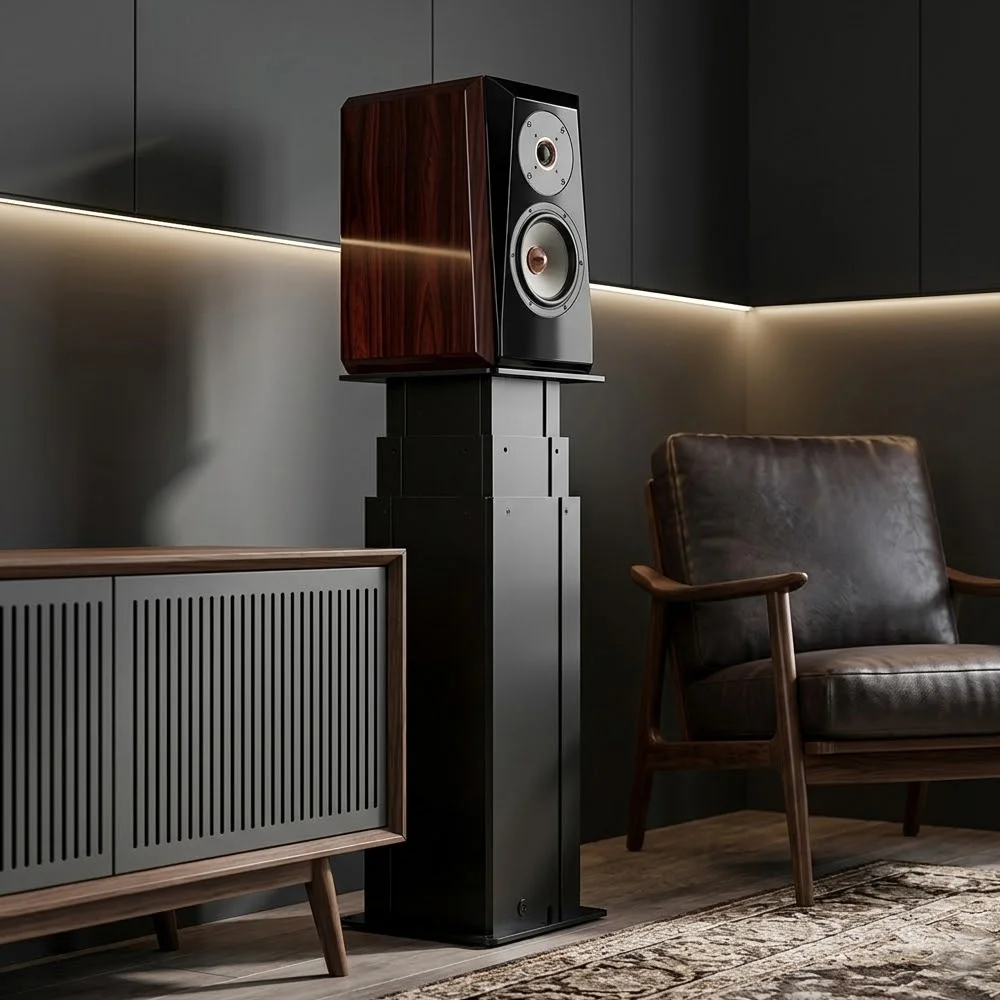 OEM ODM Customizable Motorized Speaker Stand White Black Metal Electric Lift Pillar Floor Mount for High-End Home Theater