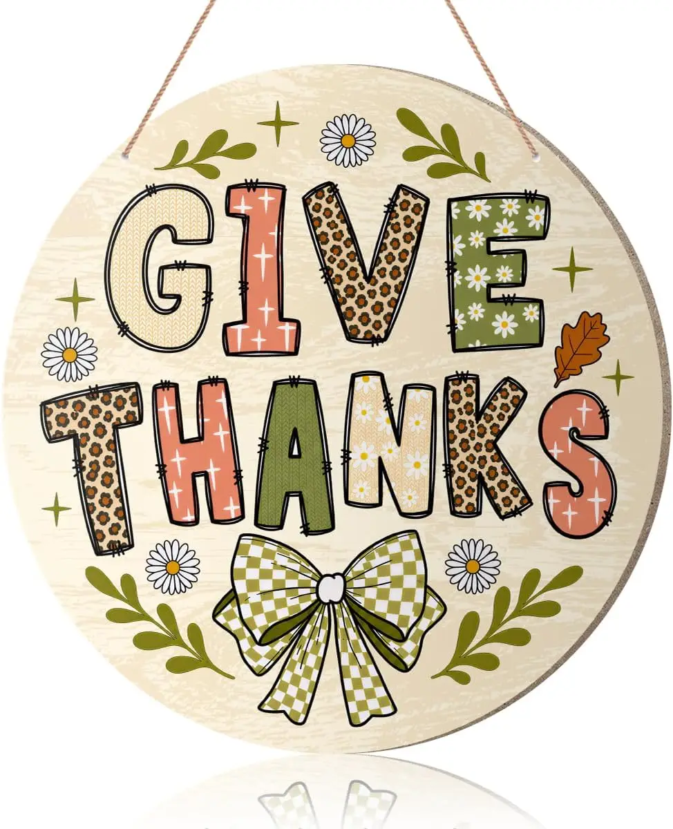 Fall Thanksgiving Christian Coquette Bow Wooden Door Decor Sign, Give Thank 12in