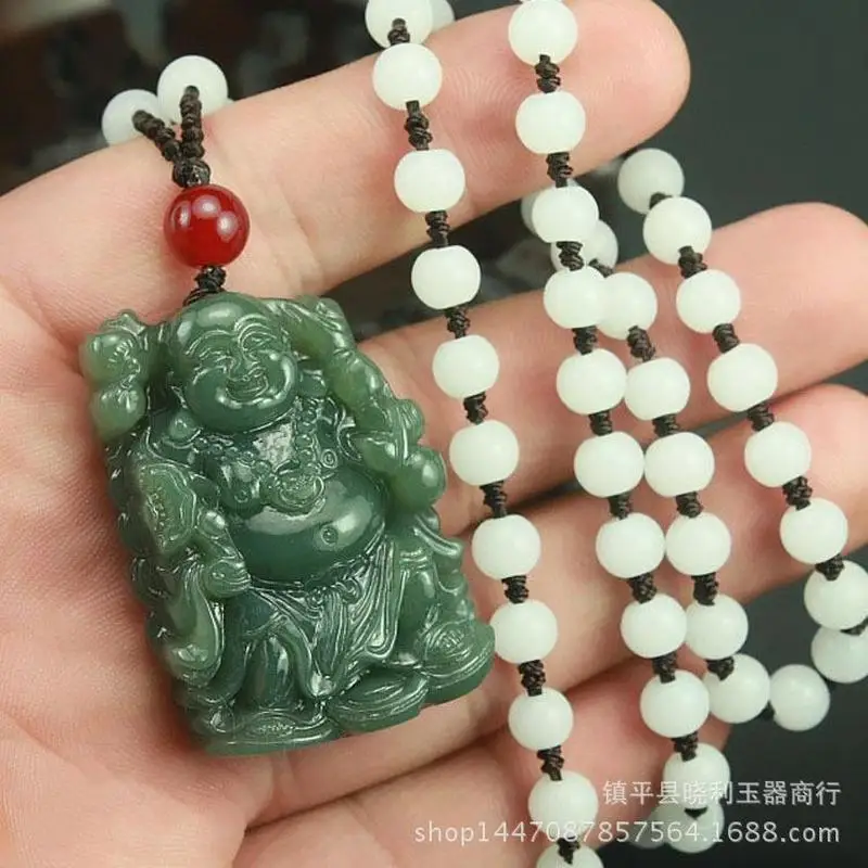 New Xinjiang Hotan Green Pendant - Laughing , Maitreya Buddha, Daruma Jade Ornament Craft
