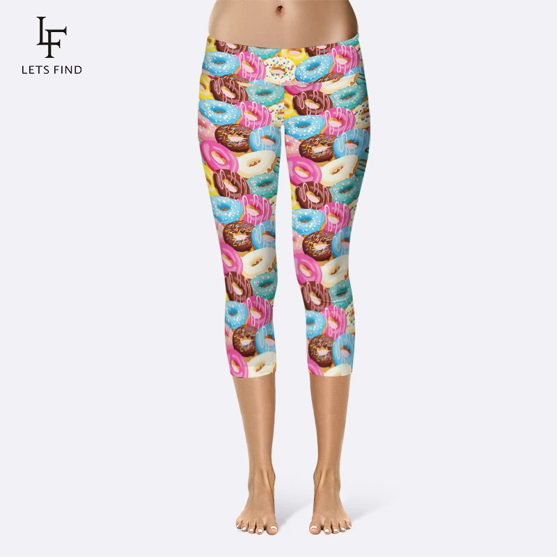 

Women Summer Style Colorful Donuts Digital Printing High Waist Capri Pants Mid-Calf 3/4 Stretch Leggings