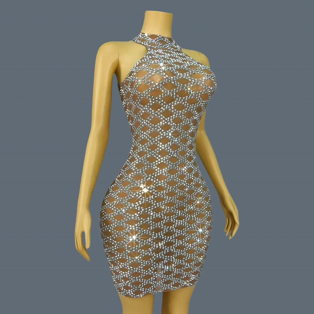 ผู้หญิงระดับไฮเอนด์คริสตัลสีเงินมินิเดรสสปาร์คกี้ชิคบอลเดรสเชียร์ตาข่ายแขนกุดวันเกิดเซ็กซี่ชุดลิงเกจเจียวเดียน