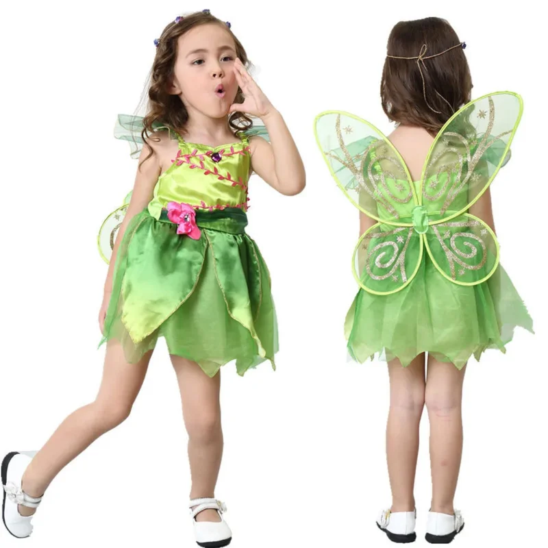 Green Tinkerbell Fairy Costume Tinker Bell Princess Fancy Dress with wing Halloween Cosplay Clothing (include wing)