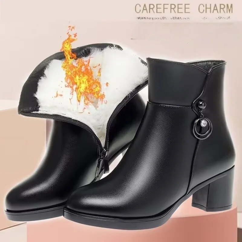 

2025Winter Women's Boots Fashion Casual Leather Boots Luxury Pointed Thick Heel Ankle Boots for Women Plush Warm Snow Boot Botas