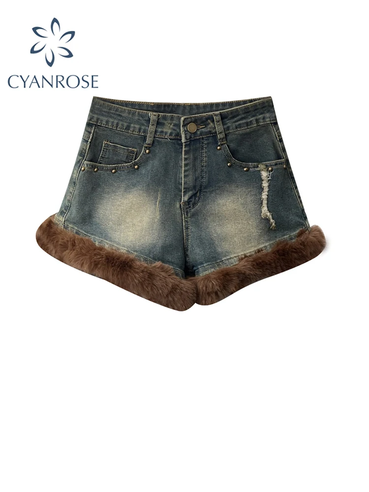 Women Plush Patchwork Denim Shorts Fashion Ladies Mini Short Pants Streetwear Y2k Casual Harajuku Korean Baggy Blue Shorts Jeans