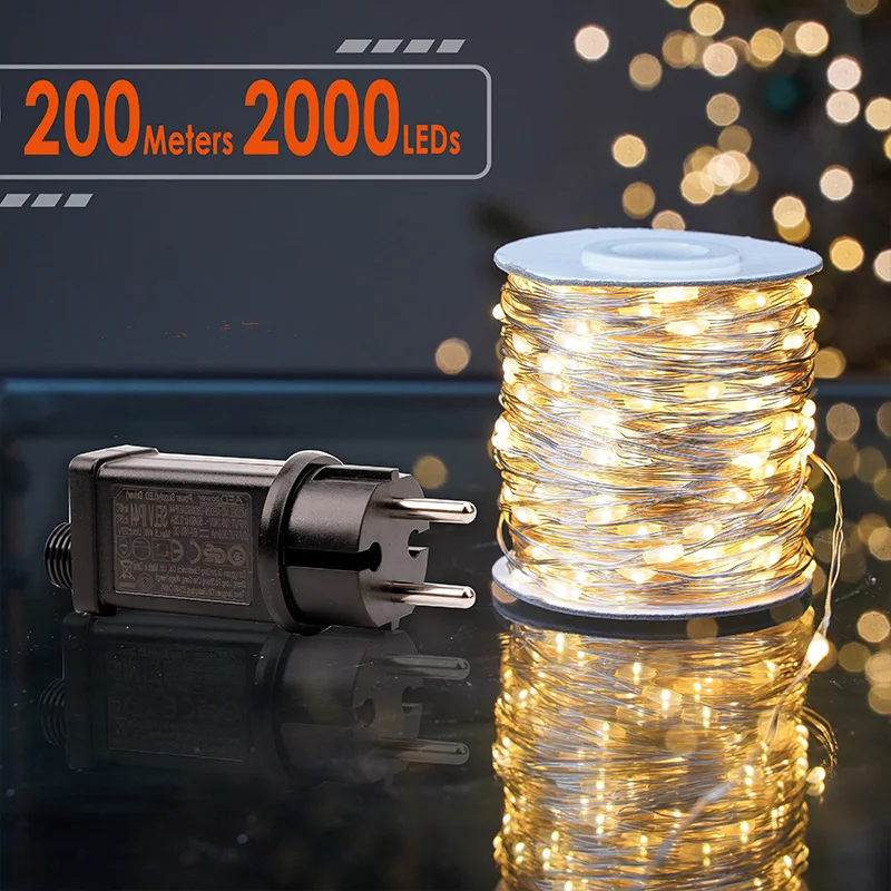 200M 2000LEDS Silver Wire Waterproof Plug-In Fairy String Lights Outdoor Christmas Party Holiday Wedding Decor