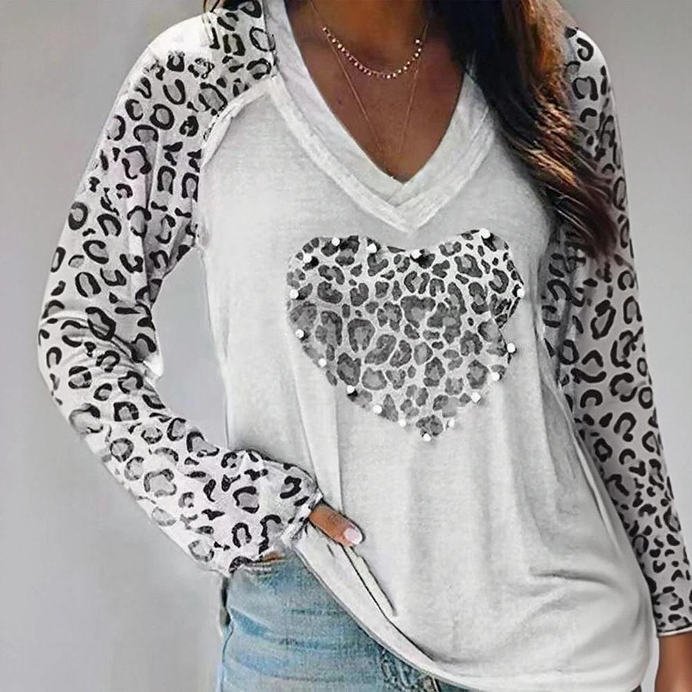 

Женские футболки, осенне-зимние элегантные шикарные классические удобные повседневные футболки с леопардовым принтом и длинными рукавами с v-образным вырезом 2025 года