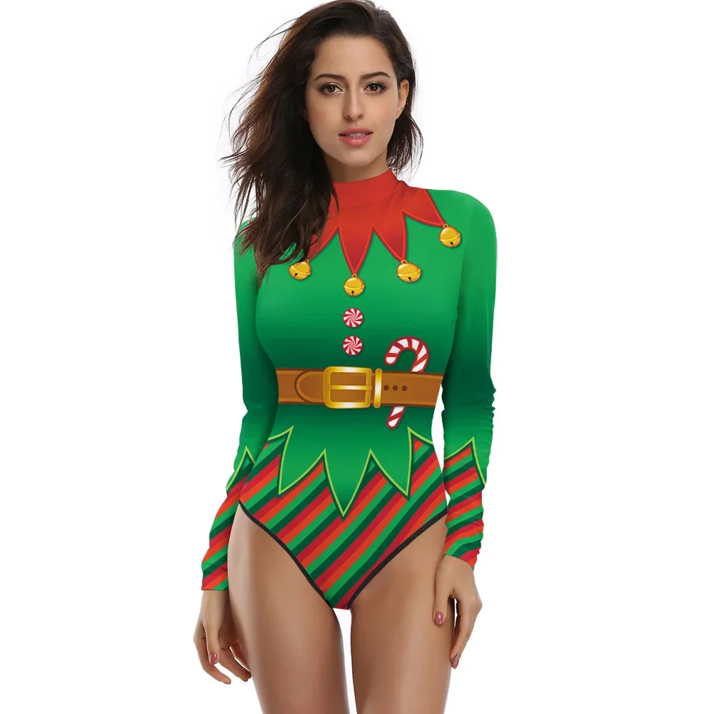 Women Christmas Costumes Long Sleeve Jumpsuit Cosplay Role-Playing Party Outfits Elf Prited Sexy Bodysuit Zentai Fancy Dress