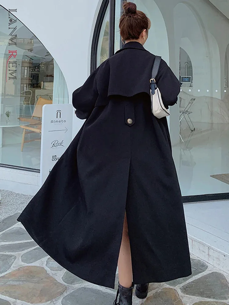 LANMREM Black Office Lady Long Trench Coat Women Lapel Belt Gathered Waist Single Breasted Windbreaker 2024 Spring New 2AA5119