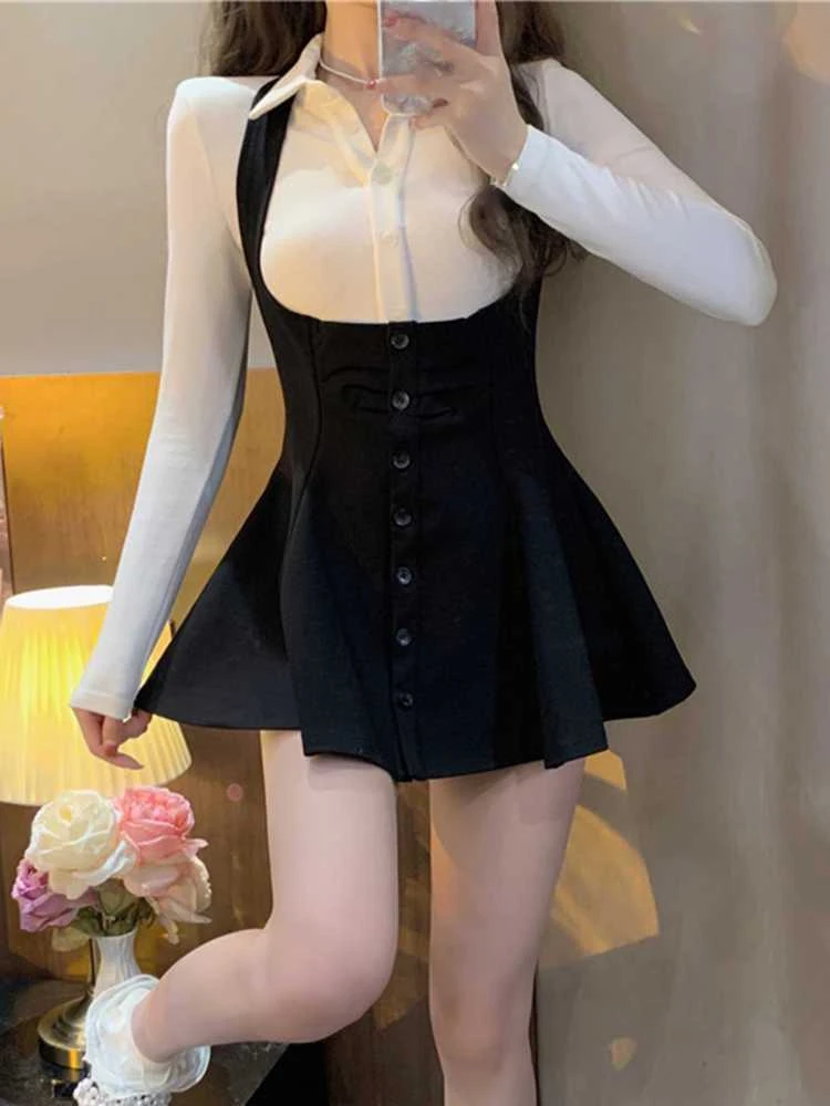 2023 Winter Preppy Style Sweet Suit Woman White Long Sleeve Blouse High Waist Slim Mini Dress Party Y2k Fashion Dress Korean