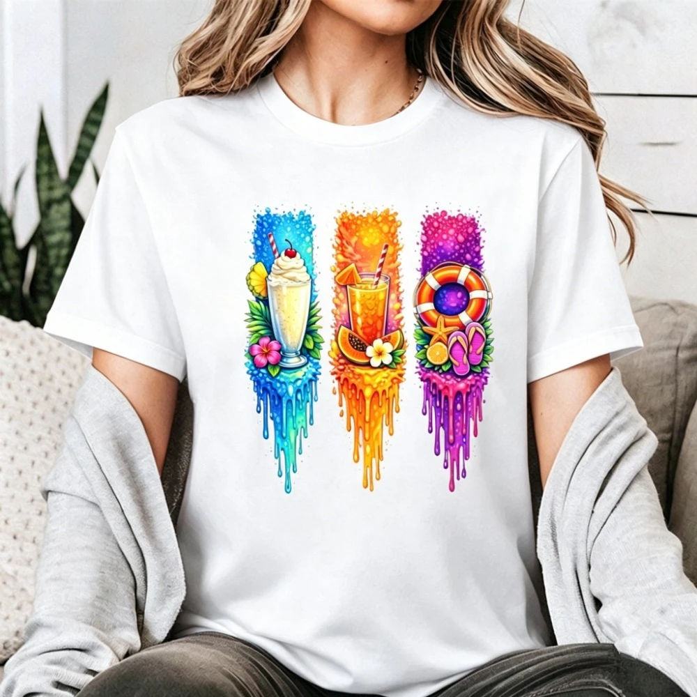 Beverage Printing Colorful Summer Drinks Pattern Women T-Shirt Cotton Short Sleeve Casual Fashion Top Beach Vacation Shirt