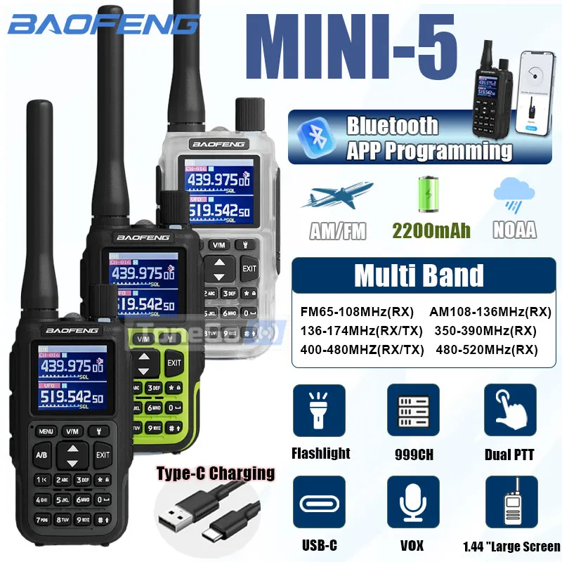 BAOFENG MINI-5 Walkie Talkie 2200mAh Bluetooth Programming AM/FM Dual PTT TYPE-C Charger NOAA Long Range Portable Two Way Radio