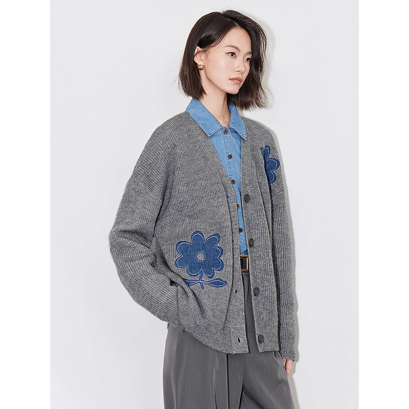 TOYOUTH Women Knitted Sweater 2024 Autumn Winter New Flower Pattern V Neck Single Breasted Button Woolen Cardigan Coat