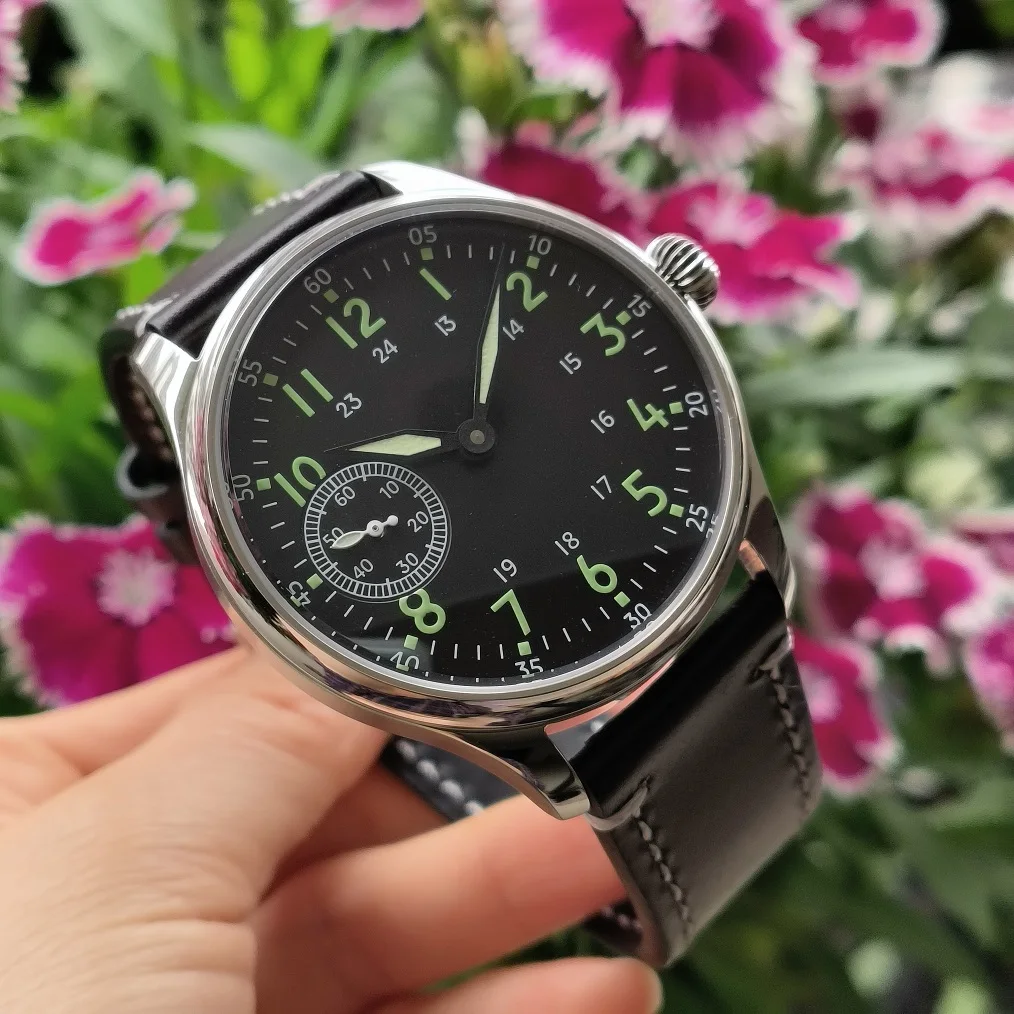 44mm Mechanical Hand Wind Men's watch Black dial green number Green luminous Sapphire crystal ST3600 movement