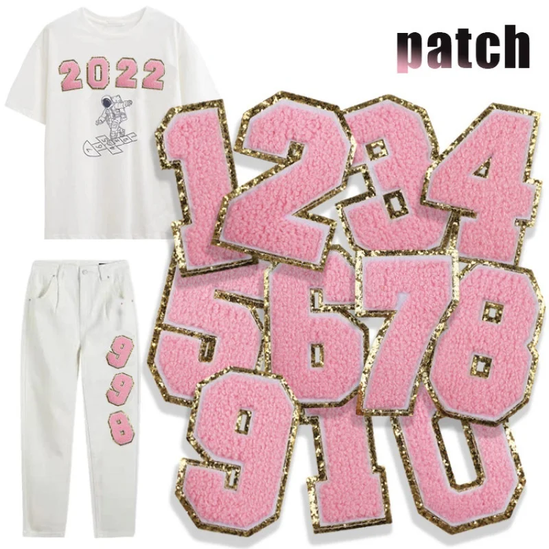 Cloth Golden Onion Powder Cloth Bag Pants DIY Gritt Sticker Pink Arabic Numerals with Gold Glitter Towel Embroidery Patches