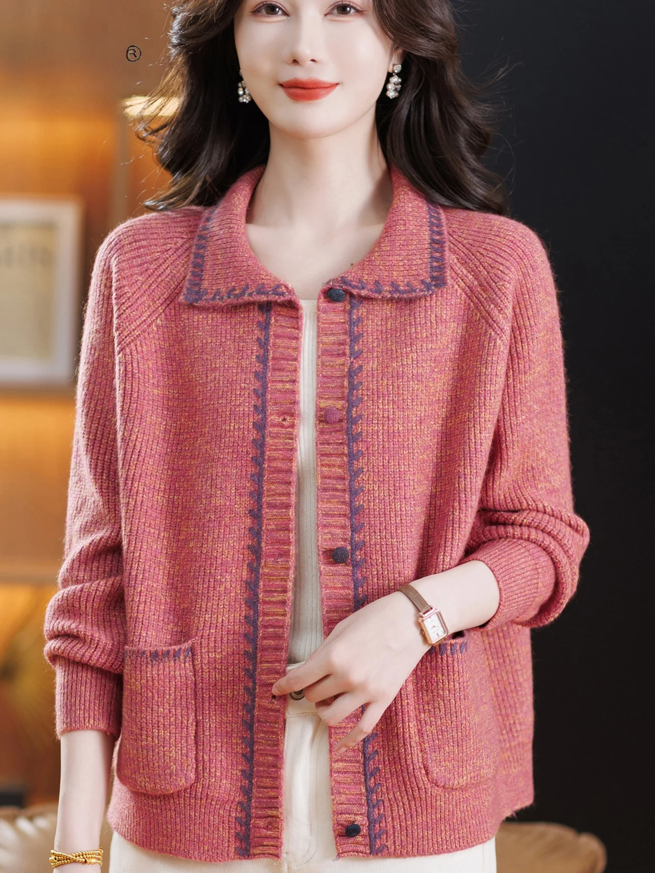 

Весенне-осенний вязаный кардиган с отложным воротником на пуговицах, свободный свитер-пальто, модный, с нашивками, женская одежда