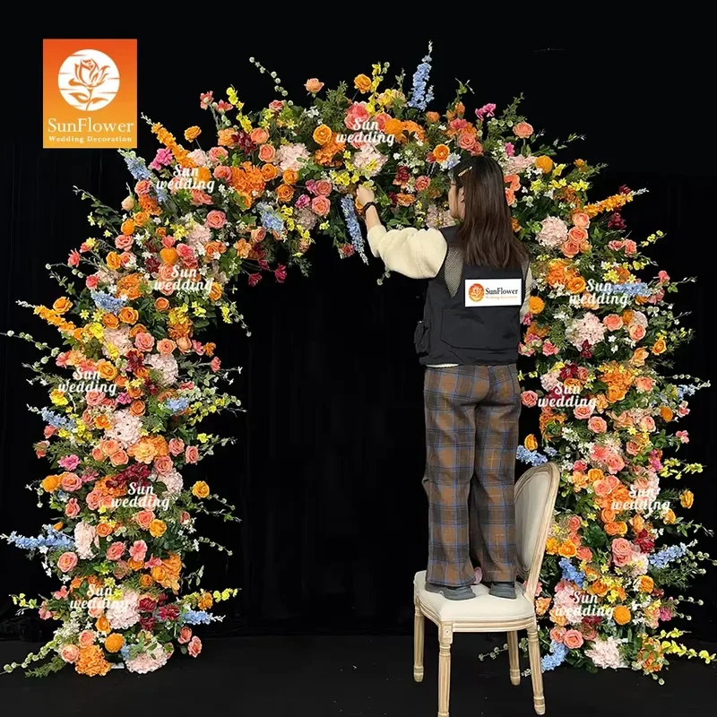 Sunwedding Arches Flower Stands Flower Arch Runner Set with Silk Flowers Customized Size Orange Blue Decoration for Lawn