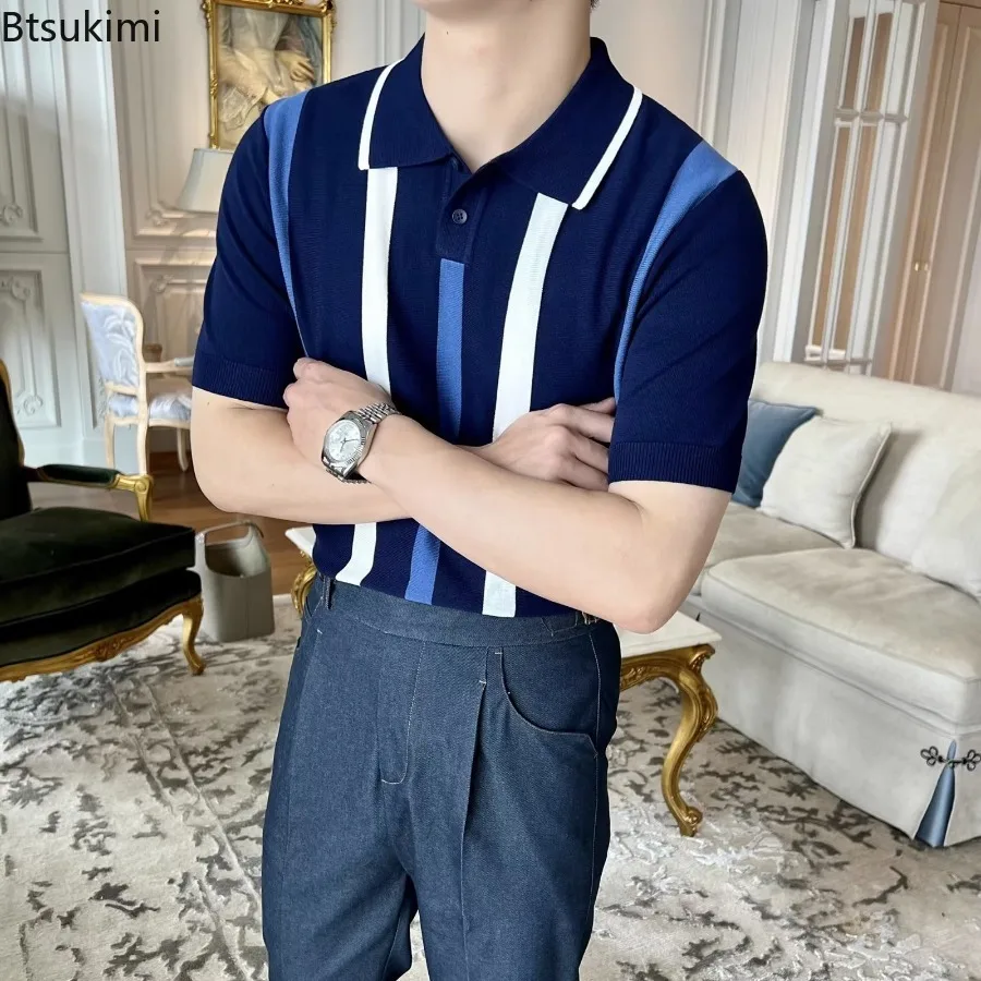 Summer New Men's Fashion Polo Shirts Striped Splice Design Men Short Sleeve Casual T-shirts Breathable Versatile Men Simple Tops