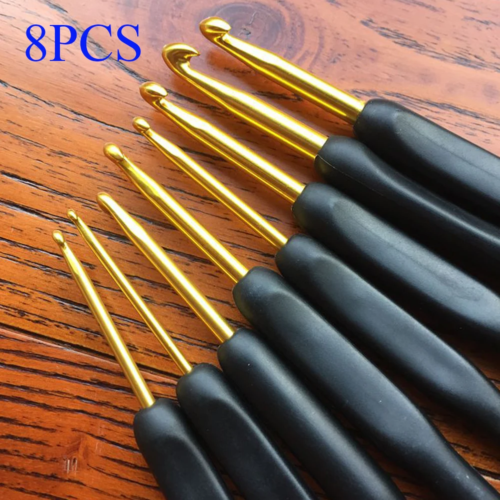 8pcs Handmade Crochet Hook Set Soft Handle Stitches Sewing Tool Home Knitting Needles Aluminum Alloy Grip DIY Ergonomic Portable