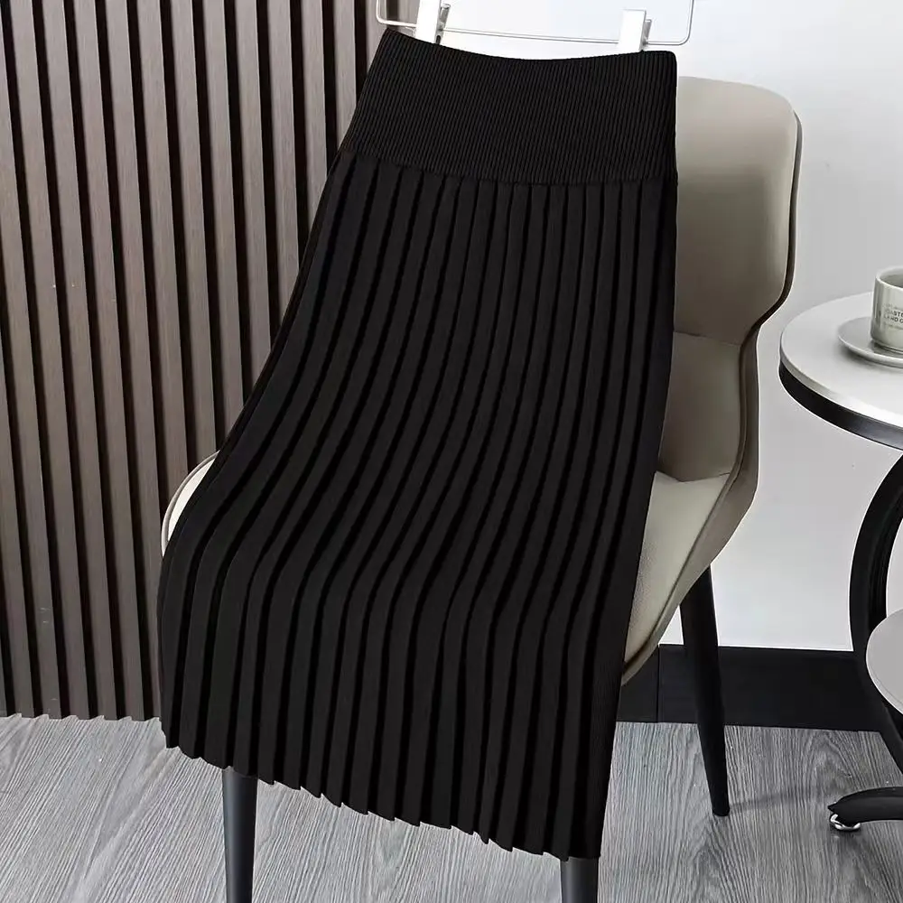 ฤดูใบไม้ร่วง/ฤดูหนาวถักจีบกระโปรงผู้หญิงลําลองหลวม Elastic High เอว A-Line Midi กระโปรงยาวสีทึบ