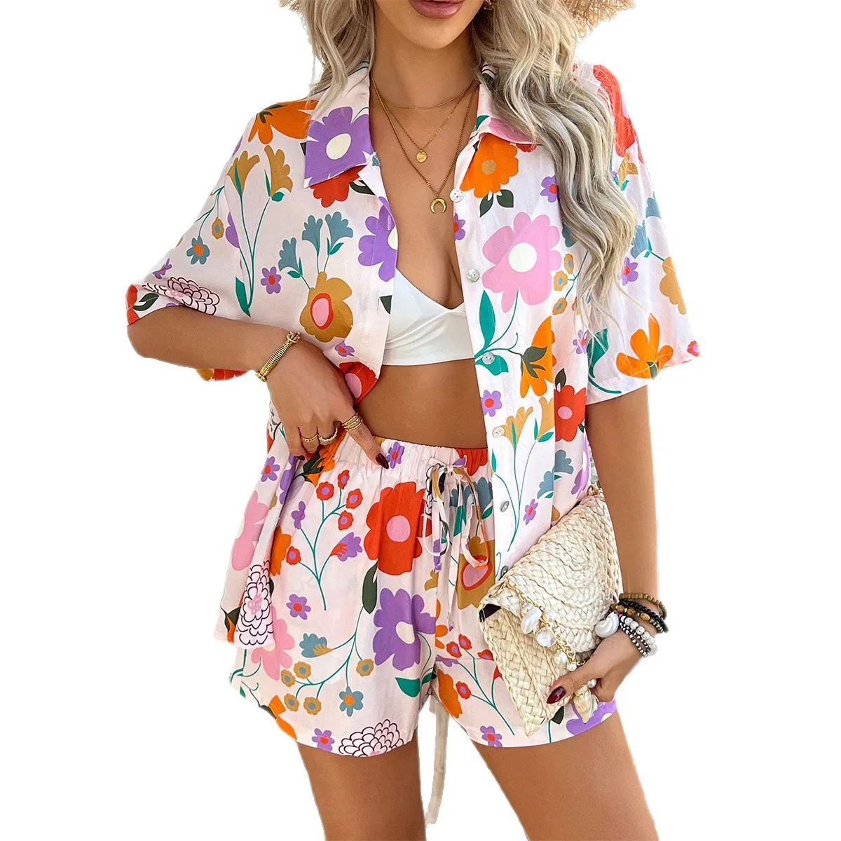 المرأة قطعتين سراويل قصيرة مجموعات طباعة مجموعة رفض طوق نصف كم معطف الرباط البسيطة طول بانت فضفاض عادية 2025 الصيف #5