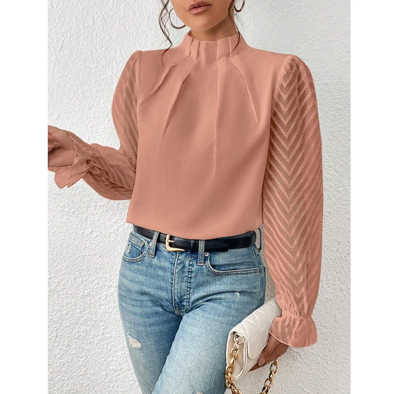 Autumn Winter Women Half High Collar Ruffled Blouses Elegant Fashion Office Lady Shirts Sheer Long Sleeve Loose Tops Solid Blusa