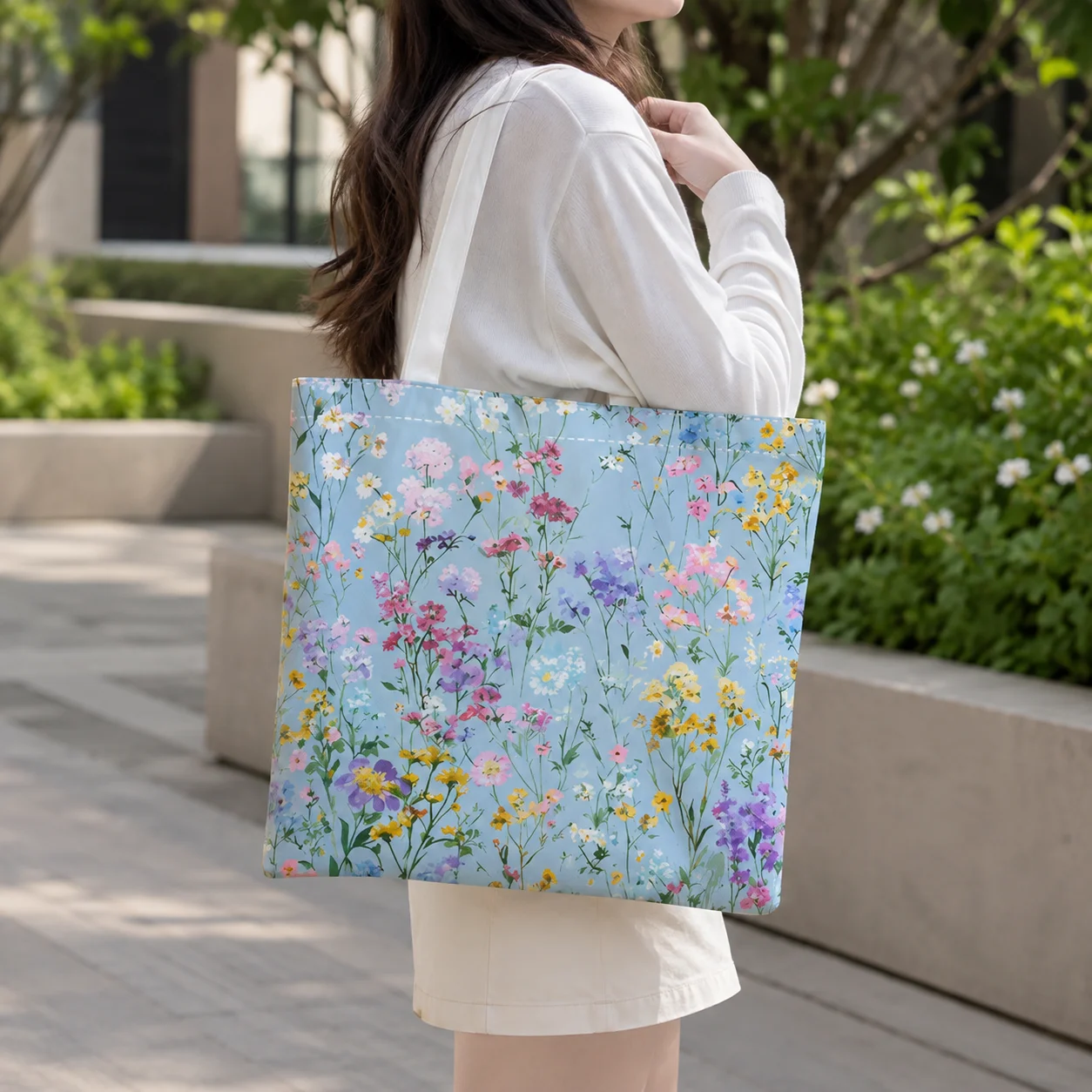 Pastel Blue Wild Flower Canvas Tote Bag Vibrant Meadow Floral Pattern Shoulder Bag Eco‑Friendly Daily‑use Shopping Purse