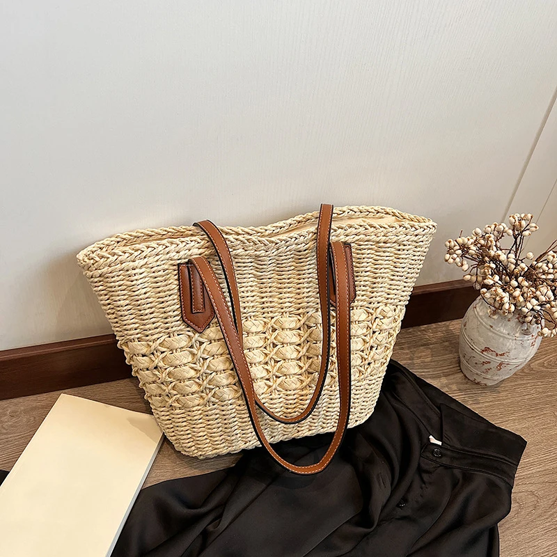 Sommer Stroh Taschen für Frauen Stroh Umhängetaschen Rattan gewebte Top Griff Tasche hohle Bast häkeln Strand tasche lässige Handtaschen – Detail 17