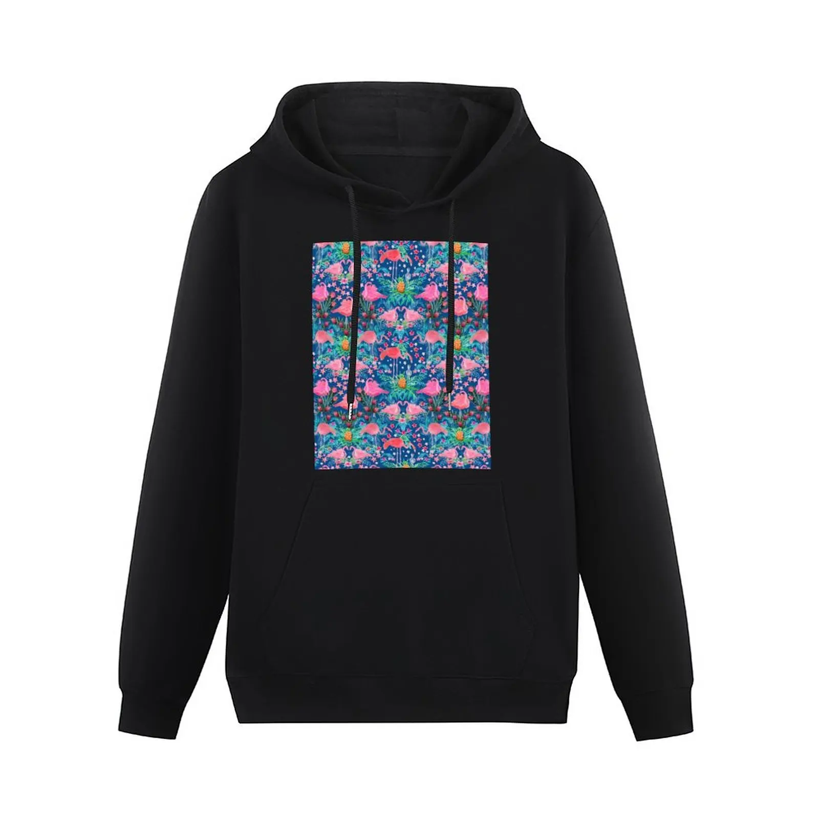 Flamingo watercolor pink Paradise with hibiscus flowers, protea flowers and palm leaves Pullover Hoodie