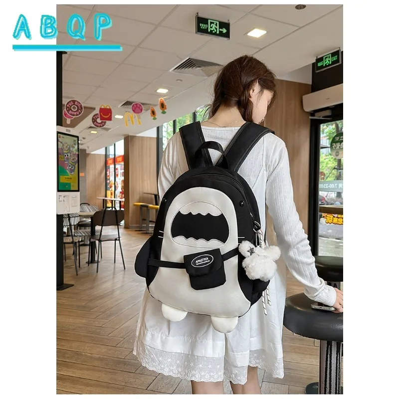Stylish Nylon Backpack Adjustable Straps Cartoon Shark Design Lightweight for Students or Casual Use Secure Zipper Closure