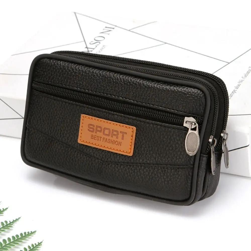 New PU Leather Man Belt Pouch 6.5inch Zipper Phone Waist Bag Multiple Layers Modern Belt Hanging Pouch Men's