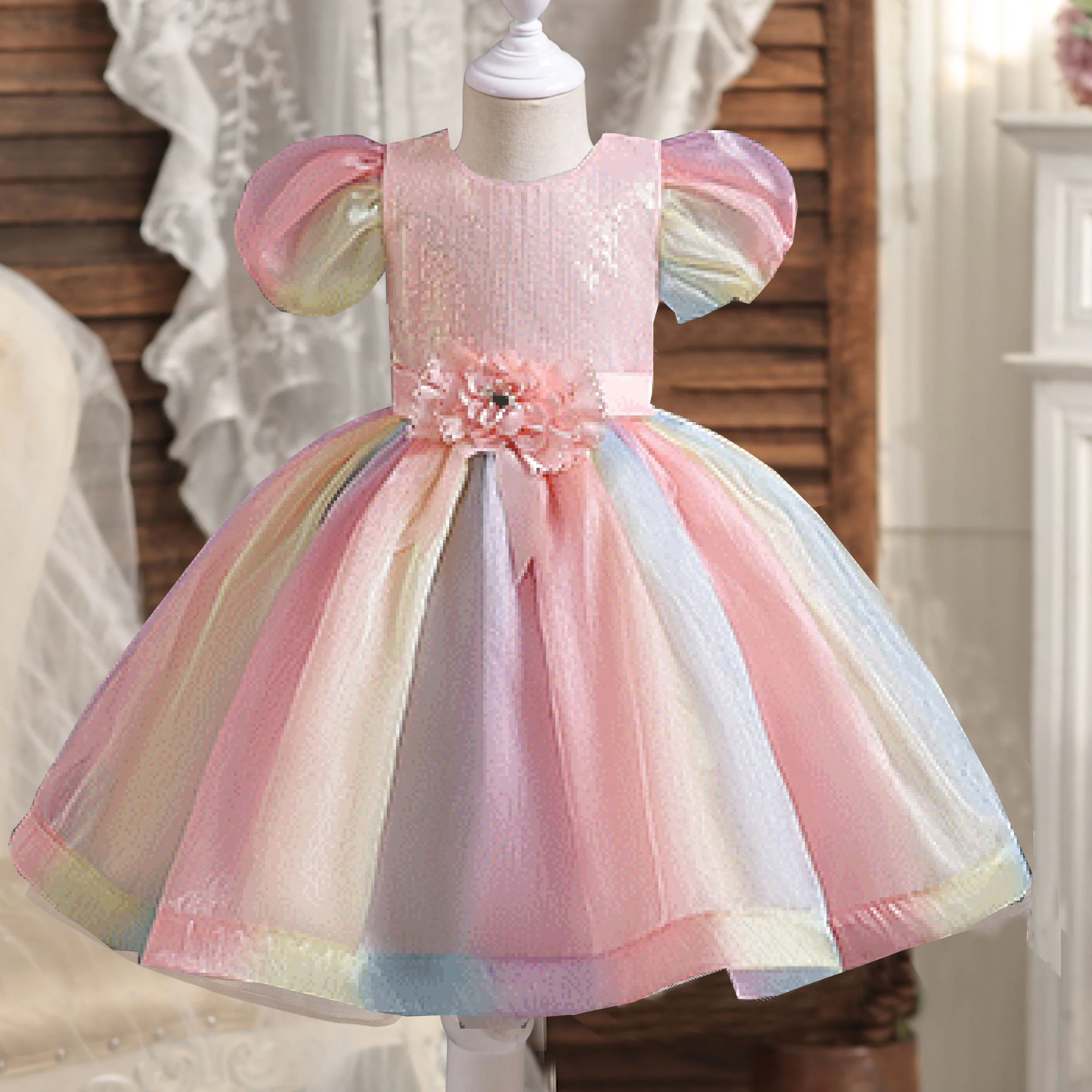 

Little Girls Puff Sleeves Rainbow Flower Girl Dress Birthday Party Pageant Short Gown T003