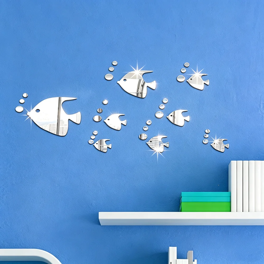 8pcs/ 1set DIY Bubble Fish Mirror Sticker, Mirror Wall Stickers Self-Adhesive Tropical Fish Shape Mirrors DIY Decal for Bedroom