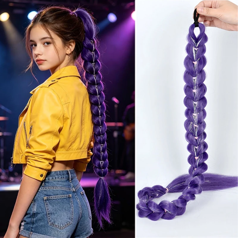32 Inch Long Purple Synthetic Kpop Braided Ponytail Wig Hair Extension for Women Teens Daily Cosplay Festival Fashion Looks