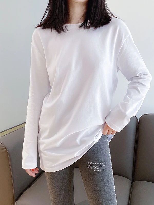 

Белая длинная хлопковая футболка для женщин, новая модель на раннюю осень, скрывающая живот, средней длины, для йоги, модная базовая футболка