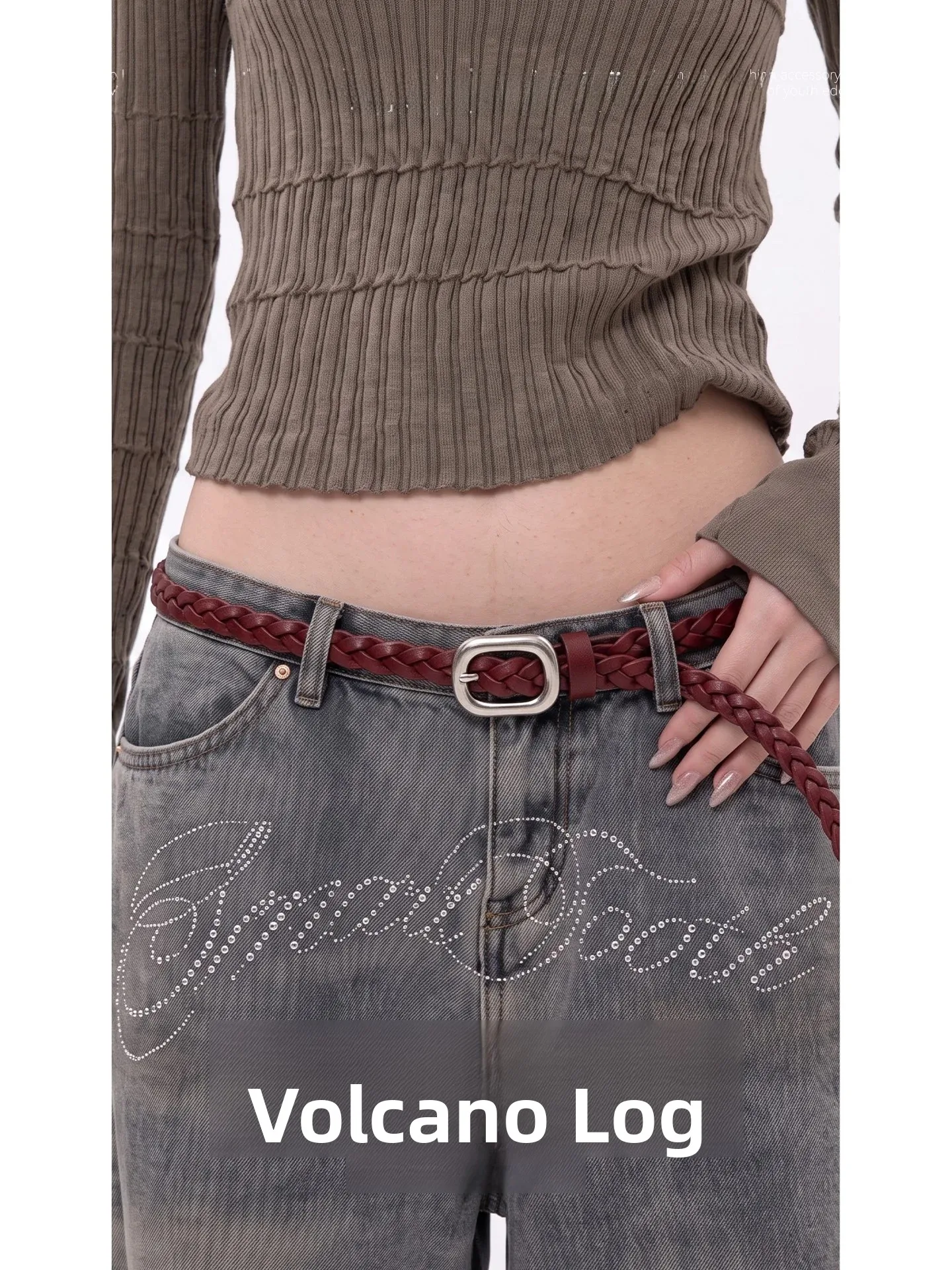 オリジナル-volcano-log-レディースベルト-ヴィンテージ織りトップレイヤー牛革バックル-スクエアバックル-スリムウエストバンド-ファッションアクセサリー