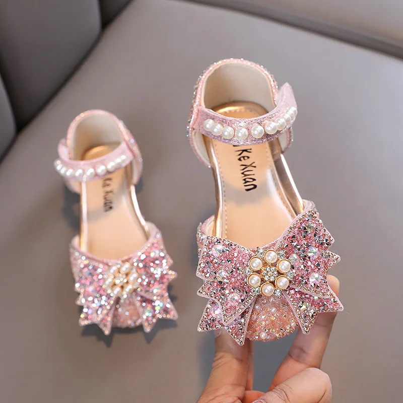 Estate dolce ragazze sandali moda bambini paillettes fiocco strass principessa sandali perla per bambini scarpe da ballo morbide H952