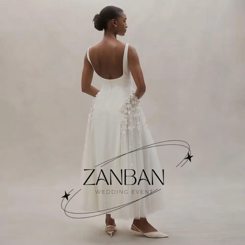 ZanBan Soft Romantic Boat Neck Wedding Dress for Women Abito Da Sposa Floral Appliques A Line Bridal Gown with Tulle Midi Skirt