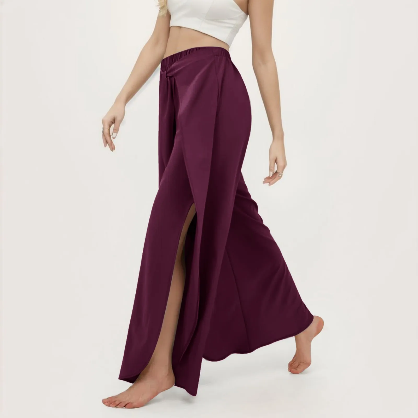 Fashion Women Yoga Sport Pants Ruffled Tiered Streamer Tassels Wide Leg Pants Slit High Waist Elastic Solid Palazzo Trousers