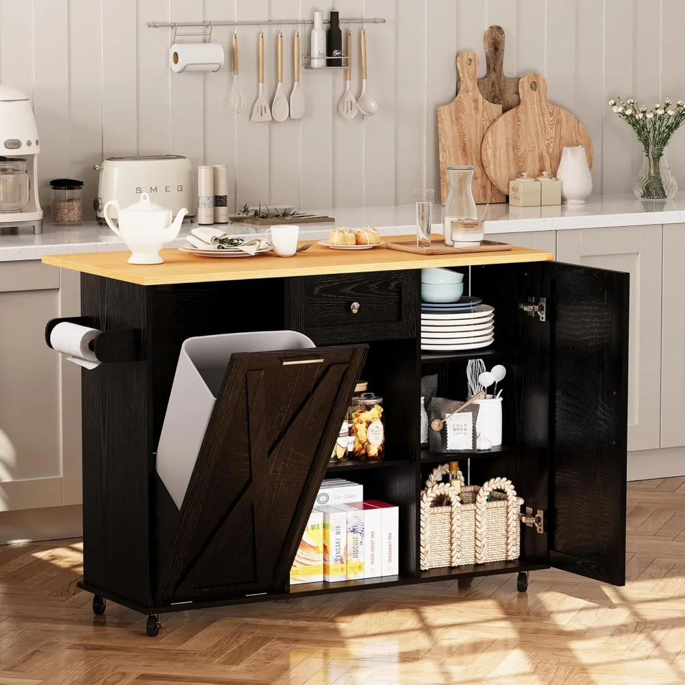 جزيرة المطبخ المتدحرجة مع مساحة تخزين سلة المهملات، عربة جزيرة المطبخ مقاس 48 بوصة مع سطح طاولة على شكل أوراق شجر، وطاولة جزيرة مع درج وها
