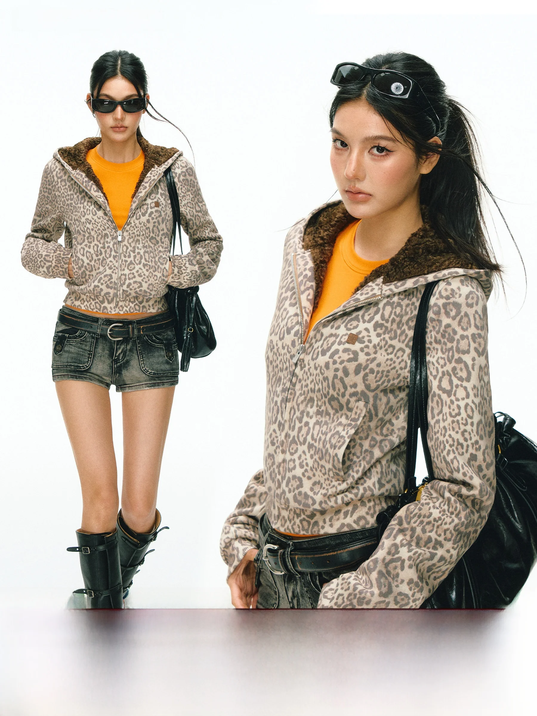 

Ariseism American Retro Design Hooded Leopard Print Fce Women's Jaet Autumn Winter New Sle Streetwear Cotton Polyester