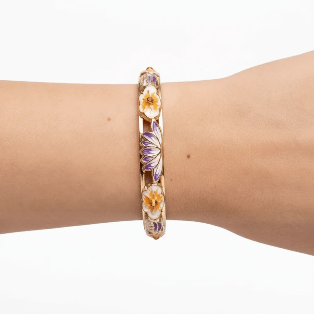 Elegant Enamel Floral Bangle Gold Plated Electroplating Cloisonne Bangle Alloy Rich Colors Lotus Floral Open Cuff Bracelet Women